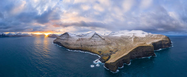 Aerial panoramic view of Eysturoy island from Gjogv (Faroe Islands, Denmark)
