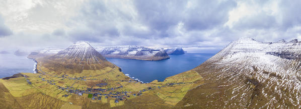 Aerial panoramic view of Vidareidi and Vidoy Island (Vidoy island, Faroe Islands, Denmark)