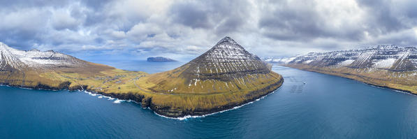 Aerial panoramic view of Vidareidi and the fjord between Vidoy and Bordoy Island (Faroe Islands, Denmark)
