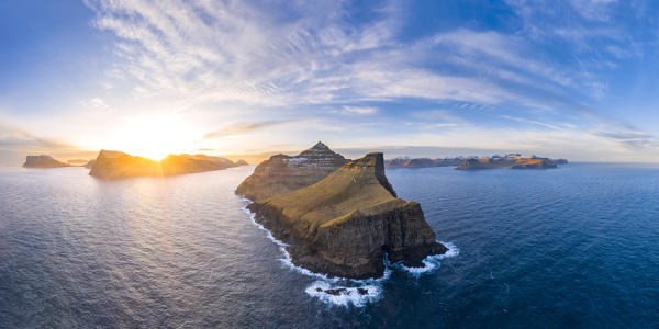 Aerial panoramic view of Kallur and Kalsoy Island at sunrise (Kalsoy island, Faroe Islands, Denmark)
