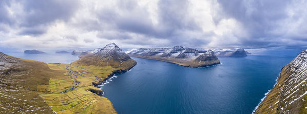 Aerial panoramic view of Vidareidi and Vidoy Island (Vidoy island, Faroe Islands, Denmark)