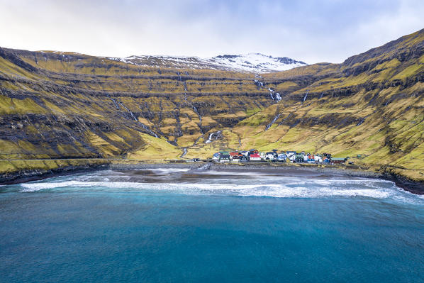 Aerial view of Tjornuvik village (Streymoy island, Faroe Islands, Denmark)