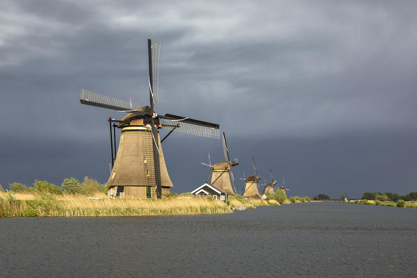 The windmills of Kinderdijk before a storm at sunset (Molenwaard municipality, South Holland, Netherlands) 