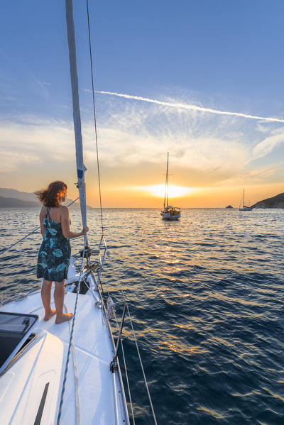 Mooring sailboats at sunset in Elba Island (Viticcio, Livorno, Tuscany, Tuscan Archipelago, Italy, Ligurian Sea, Mediterranean Sea, Europe) (MR)
