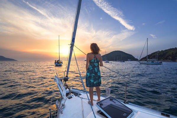 Mooring sailboats at sunset in Elba Island (Viticcio, Livorno, Tuscany, Tuscan Archipelago, Italy, Ligurian Sea, Mediterranean Sea, Europe) (MR)
