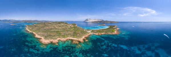 Panoramic view of Capo Coda Cavallo and the Island of Tavolara (San Teodoro, Sassari province, Sardinia, Italy, Europe)