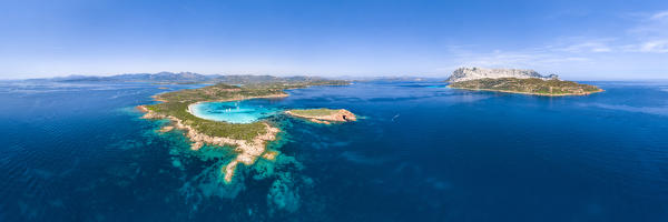 Panoramic view of the beach of Capo Coda Cavallo and the Island of Tavolara (San Teodoro, Sassari province, Sardinia, Italy, Europe)