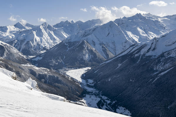 View of the Valley of Cogne and Cogne village from the Couis peak, near Pila locality (Gressan municipality, Aosta province, Aosta Valley, Italy, Europe)
