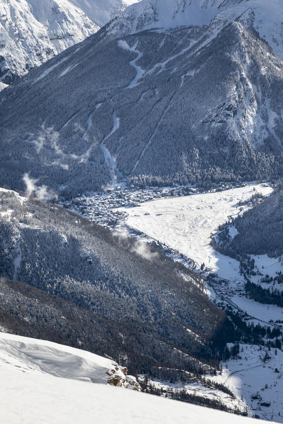 View of Cogne village from the Couis peak, near Pila locality (Gressan municipality, Aosta province, Aosta Valley, Italy, Europe)