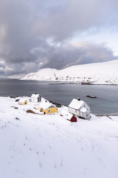 Coastal village of Breivik covered with snow during the cold arctic winter (Soroya Island, Hasvik, Troms og Finnmark, Norway)