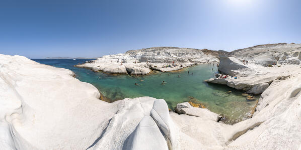 Panoramic view of the small cove on Sarakiniko Beach (Plaka, Milos Island, Cyclades Islands, Greece, Europe)