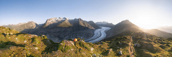 Aerial view of Aletsch Glacier at sunrise (Riederalp, Bernese Alps, Canton of Valais, Switzerland, Europe) (MR)
