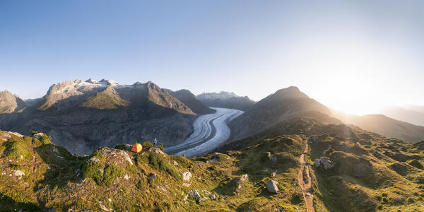 Aerial view of Aletsch Glacier at sunrise (Riederalp, Bernese Alps, Canton of Valais, Switzerland, Europe) (MR)
