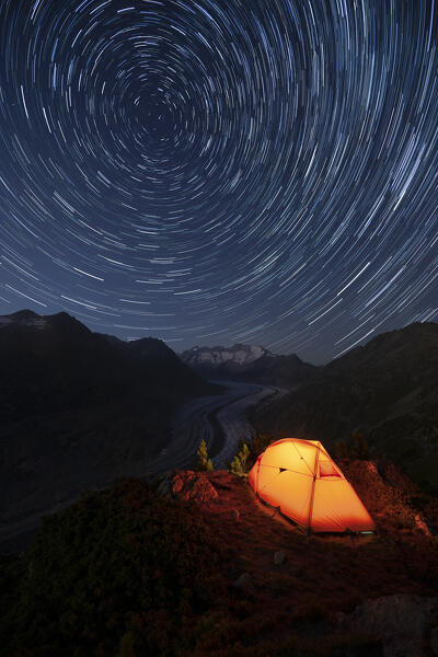 A night in front of Aletsch Glacier (Moosfluh viewpoint, Riederalp, Bernese Alps, Canton of Valais, Switzerlan, Europe)
