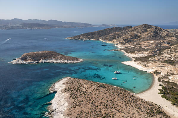 Aerial view of Ano Myrsini Bay in Polyaigos Island, near Milos and Kimolos Island (Cyclades Islands, Greece, Europe)