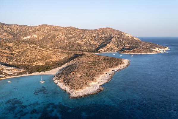 Aerial view of Ano and Kato Myrsini Bay in Polyaigos Island, near Milos and Kimolos Island (Cyclades Islands, Greece, Europe)