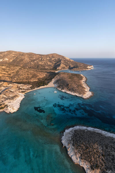 Aerial view of Myrsini Bay in Polyaigos Island, near Milos and Kimolos Island (Cyclades Islands, Greece, Europe)