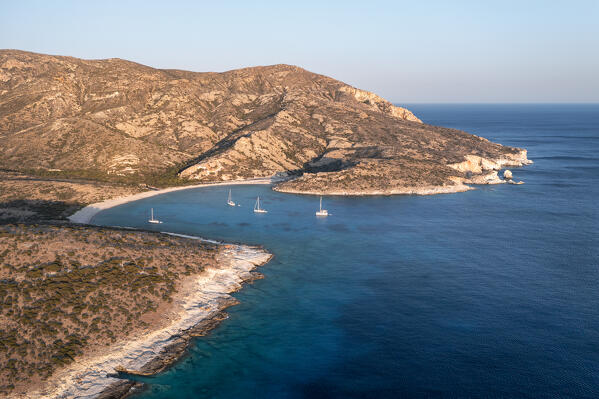 Aerial view of Kato Myrsini Bay in Polyaigos Island, near Milos and Kimolos Island (Cyclades Islands, Greece, Europe)
