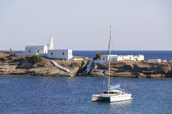 Chrisopigi Mоnastery, located in thе sоuth pаrt οf the island, betwеen Faros and Platis Gialоs (Sifnos Island, Cyclades Islands, Greece, Europe)