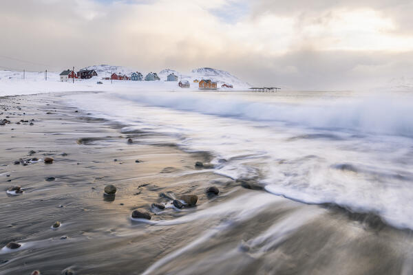 The village of Veines covered in snow during a cold winter morning (Kongsfjord, Varanger Peninsula, Troms og Finnmark, Norway)
