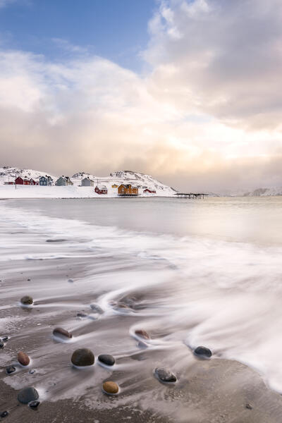 The village of Veines covered in snow during a cold winter morning (Kongsfjord, Varanger Peninsula, Troms og Finnmark, Norway)