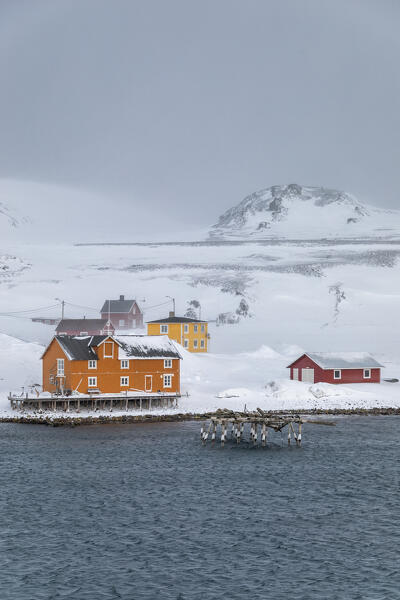 Some houses in the small village of Veines covered in snow during a cold winter morning (Kongsfjord, Varanger Peninsula, Troms og Finnmark, Norway)