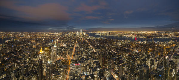 Panoramic view of Lower Manhattan from the 102th floor of the Empire State Building (Midtown, Manhattan, New York City, New York, United States of America)
