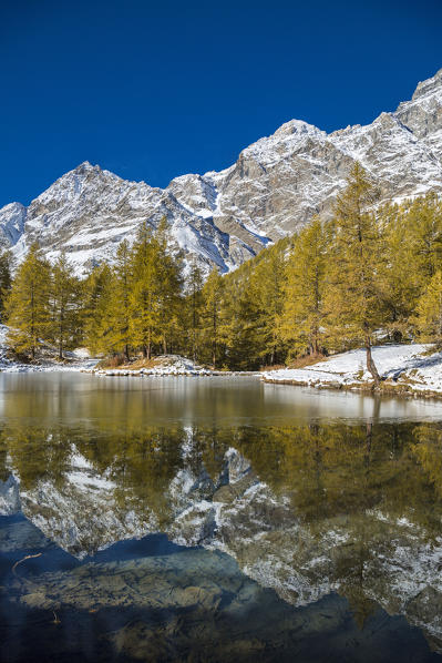ions in the Lake Bleu in autumn (Cervinia, Valtournenche, Aosta province, Aosta Valley, Italy, Europe)