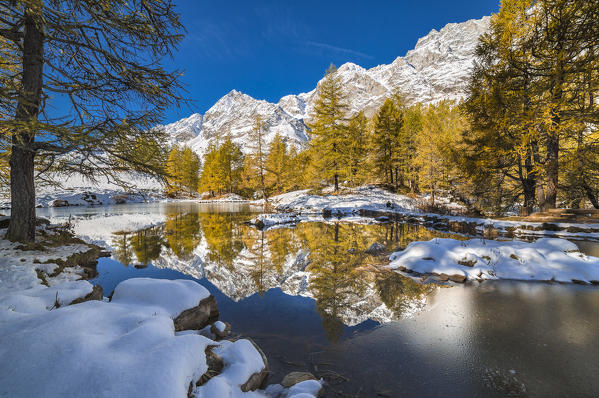 Reflection in the Lake Bleu in autumn (Cervinia, Valtournenche, Aosta province, Aosta Valley, Italy, Europe)