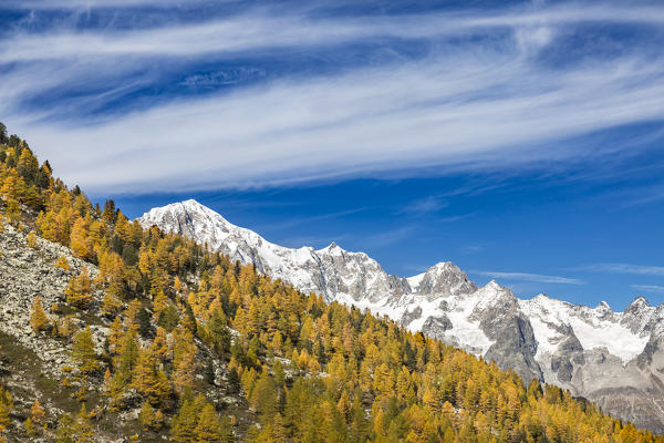 The Mont Blanc massif (Lake Arpy, Morgex, Aosta province, Aosta Valley, Italy, Europe)