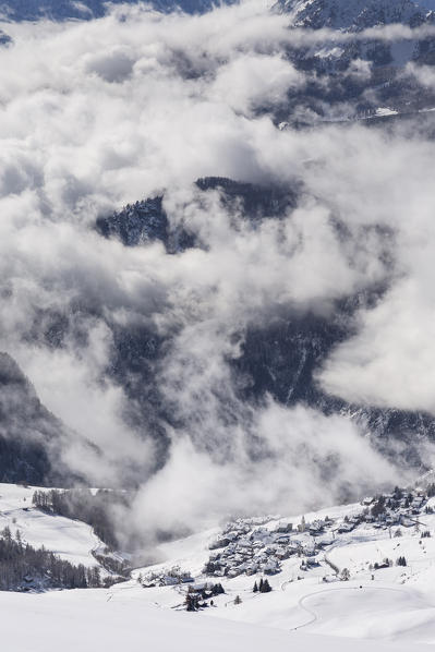 View of Chamois in winter from the Shrine Clavalite (Chamois, Valtournenche, Aosta province, Aosta Valley, Italy, Europe)