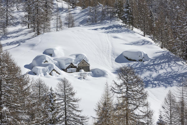 Winter view of the Alp Solcio (Alp Solcio, Varzo, Verbano Cusio Ossola province, Piedmont, Italy, Europe)