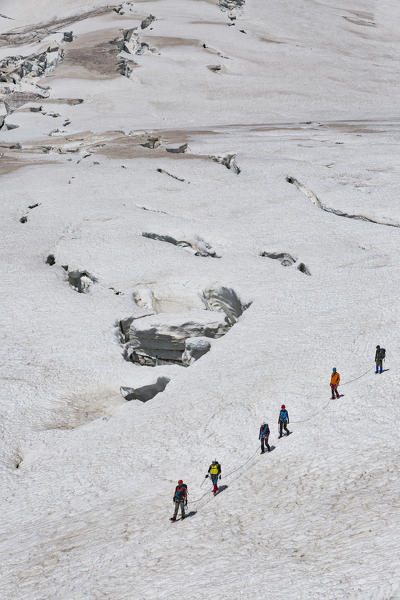 Mountaineers walk on Lys glacier near the Gnifetti refuge in Monte Rosa Massif (Gressoney, Lys Valley; Aosta province, Aosta Valley, Italy, Europe)