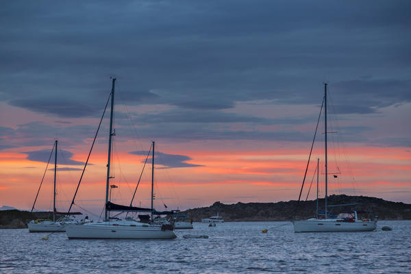 Sailing boats at dusk (Budelli island, Archipelago of La Maddalena National Park, Sassari province, Sardinia, Italy, Europe)