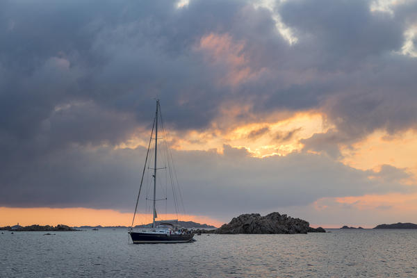 Sailing boats at sunrise (Budelli island, Archipelago of La Maddalena National Park, Sassari province, Sardinia, Italy, Europe)
