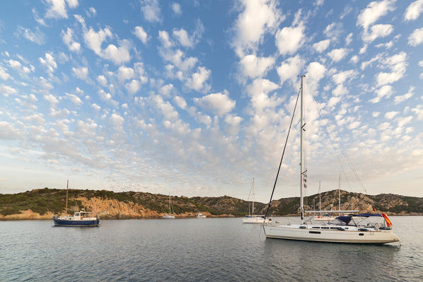 Sailing boats at sunrise (Cala Portese, Caprera Island, Archipelago of La Maddalena National Park, Sassari province, Sardinia, Italy, Europe)
