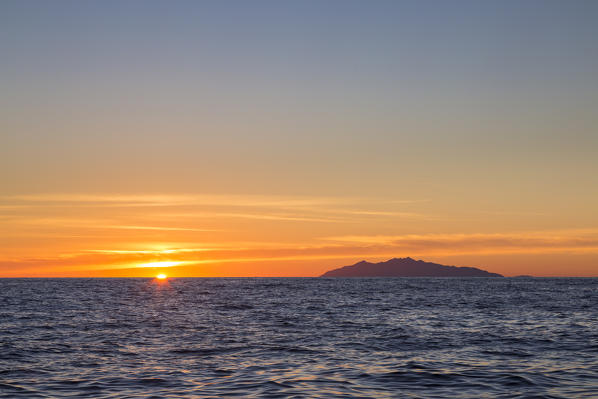 Capraia Island during sunrise (Macinaggio, Rogliano, Bastia, Haute-Corse department, Corsica, France, Europe)