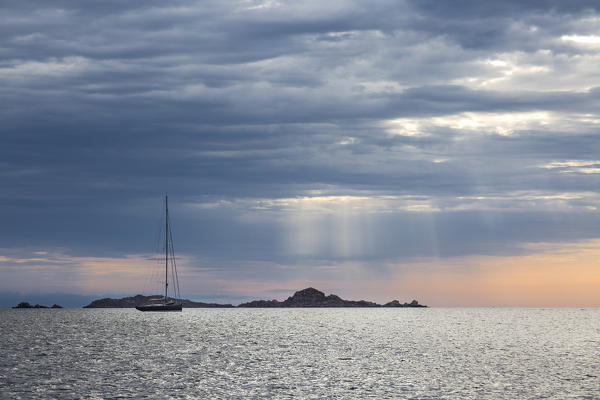 Sailing boats at sunrise (Budelli island, Archipelago of La Maddalena National Park, Sassari province, Sardinia, Italy, Europe)
