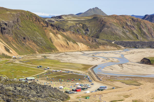 The Landmannalaugar campsite from the footpath to the Blahnukur mountain in Landmannalaugar (Landmannalaugar, Fjallabak Nature Reserve, Highlands, Southern Region, Iceland, Europe)