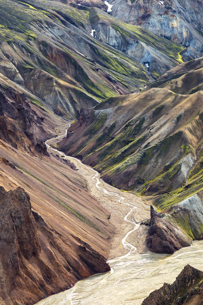 View from the top of Blahnukur mountain (Landmannalaugar, Fjallabak Nature Reserve, Highlands, Southern Region, Iceland, Europe)