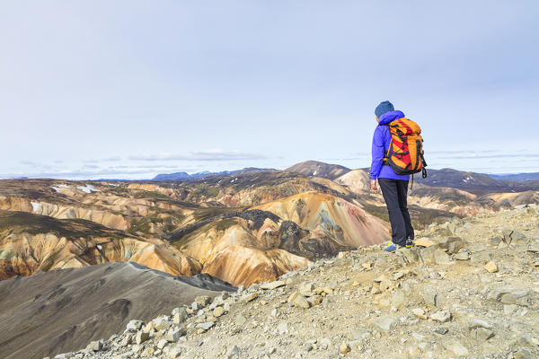 A trekker is looking at the Landmannalaugar panorama from the top of Blahnukur mountain (Landmannalaugar, Fjallabak Nature Reserve, Highlands, Southern Region, Iceland, Europe) (MR)
