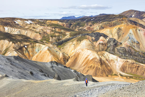 A trekker is coming down from the summit of Blahnukur mountain (Landmannalaugar, Fjallabak Nature Reserve, Highlands, Southern Region, Iceland, Europe) (MR)
