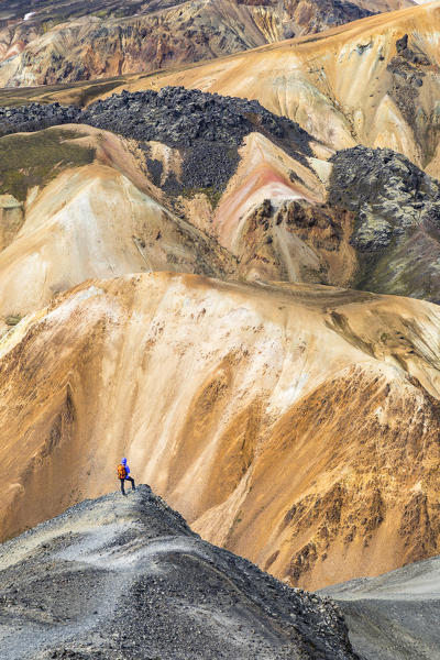 A trekker is looking at the Landmannalaugar panorama from Blahnukur mountain (Landmannalaugar, Fjallabak Nature Reserve, Highlands, Southern Region, Iceland, Europe) (MR)
