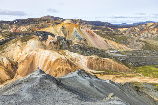 A trekker is looking at the Landmannalaugar panorama from Blahnukur mountain (Landmannalaugar, Fjallabak Nature Reserve, Highlands, Southern Region, Iceland, Europe) (MR)
