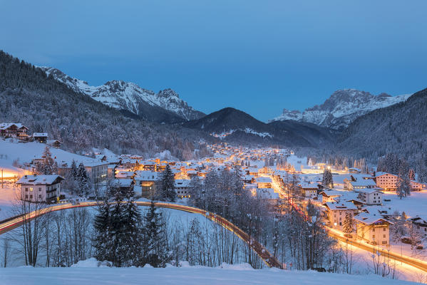 A view of Falcade village at dusk (Falcade, Biois Valley, Belluno province, Veneto, Italy, Europe)