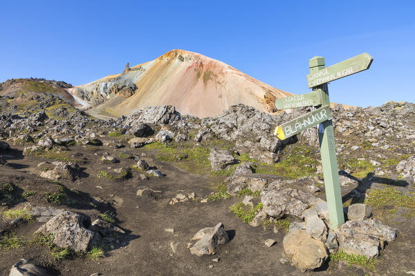 The Brennisteinsalda mountain from the Graenagil footpath through the Laugahraun lava field in Landmannalaugar (Fjallabak Nature Reserve, Highlands, Southern Region, Iceland, Europe)