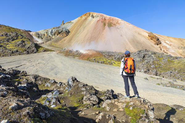 Graenagil footpath: a trekker is looking the Brennisteinsalda mountain from the Laugahraun lava field in Landmannalaugar (Fjallabak Nature Reserve, Highlands, Southern Region, Iceland, Europe) (MR)
