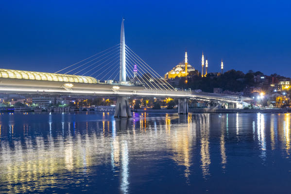 Night cityscape of Halic Bridge in the Golden horn of Istanbul, Turkey