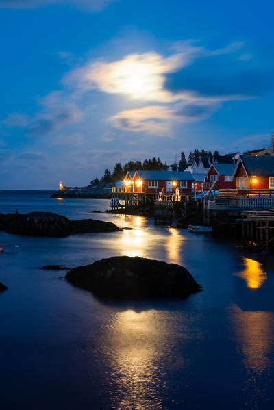 Moonlight in the bay of Sorvagen. Lofoten Island, Norway, Scandinavia, Europe. 