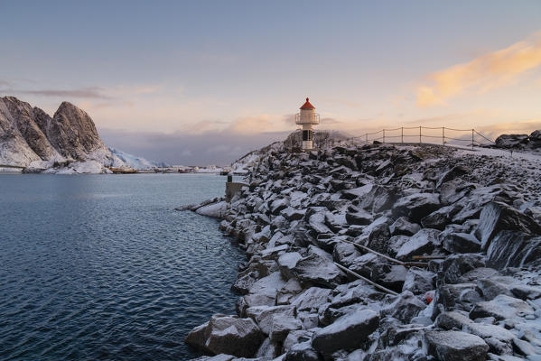 The lighthouse of Reine in the bay. Reine, Lofoten island, Norway, Scandinavia, Europe.